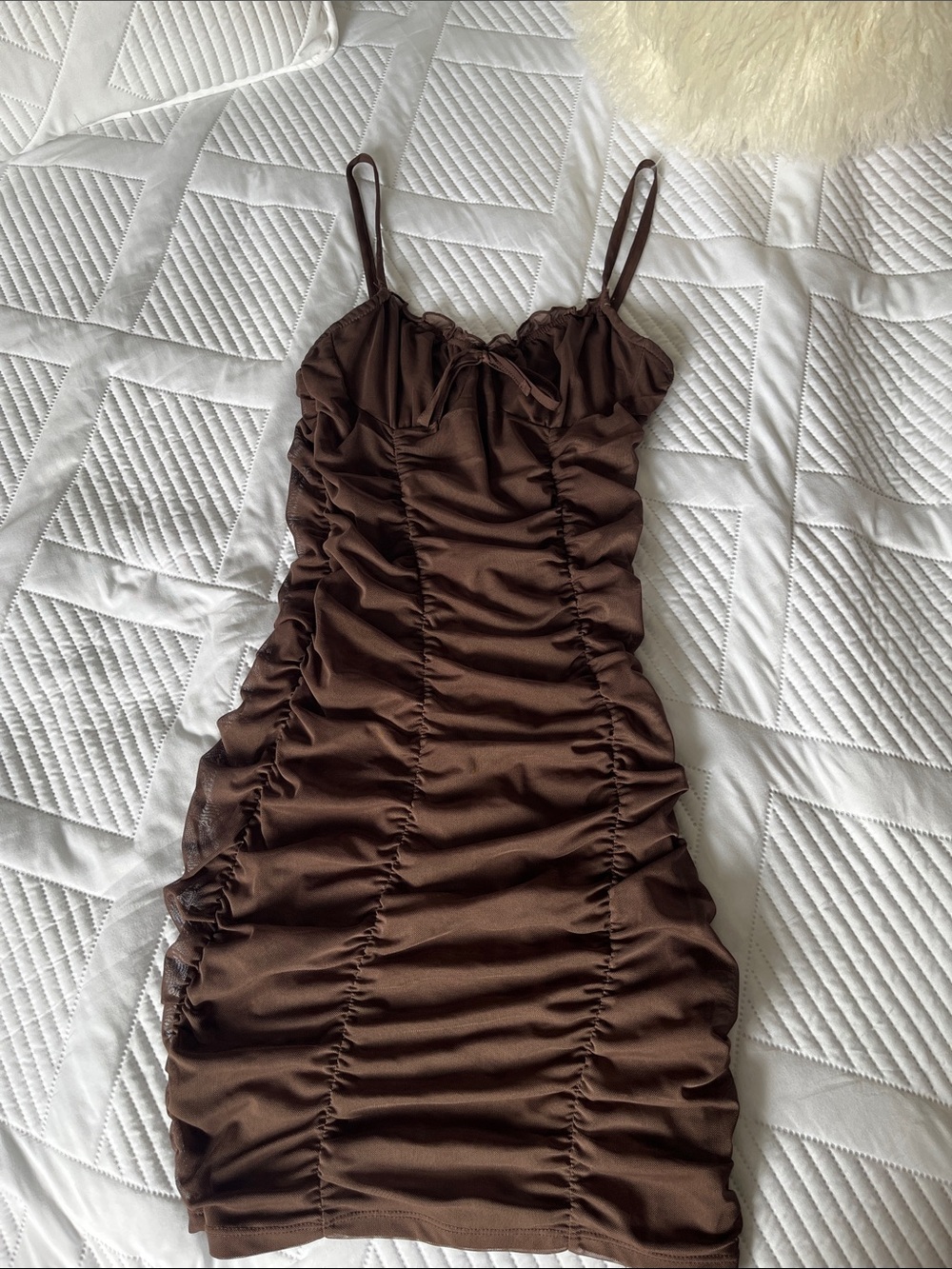 H&M Brown Ruched Spaghetti‑Strap Mini Dress